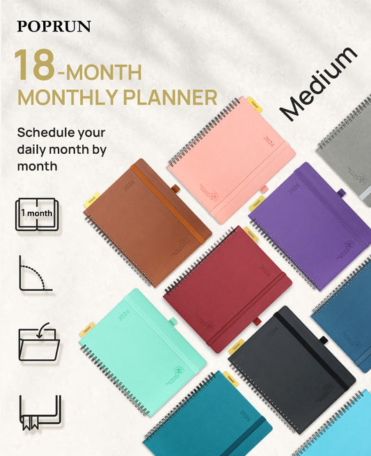 POPRUN Monthly Planner 2024-2025 Spiral Bound (6.5'' x 8.5'') 18 Months  Calendar (Jan 2024 - Jun 2025) - 4 Pages per Month with Monthly Expense 