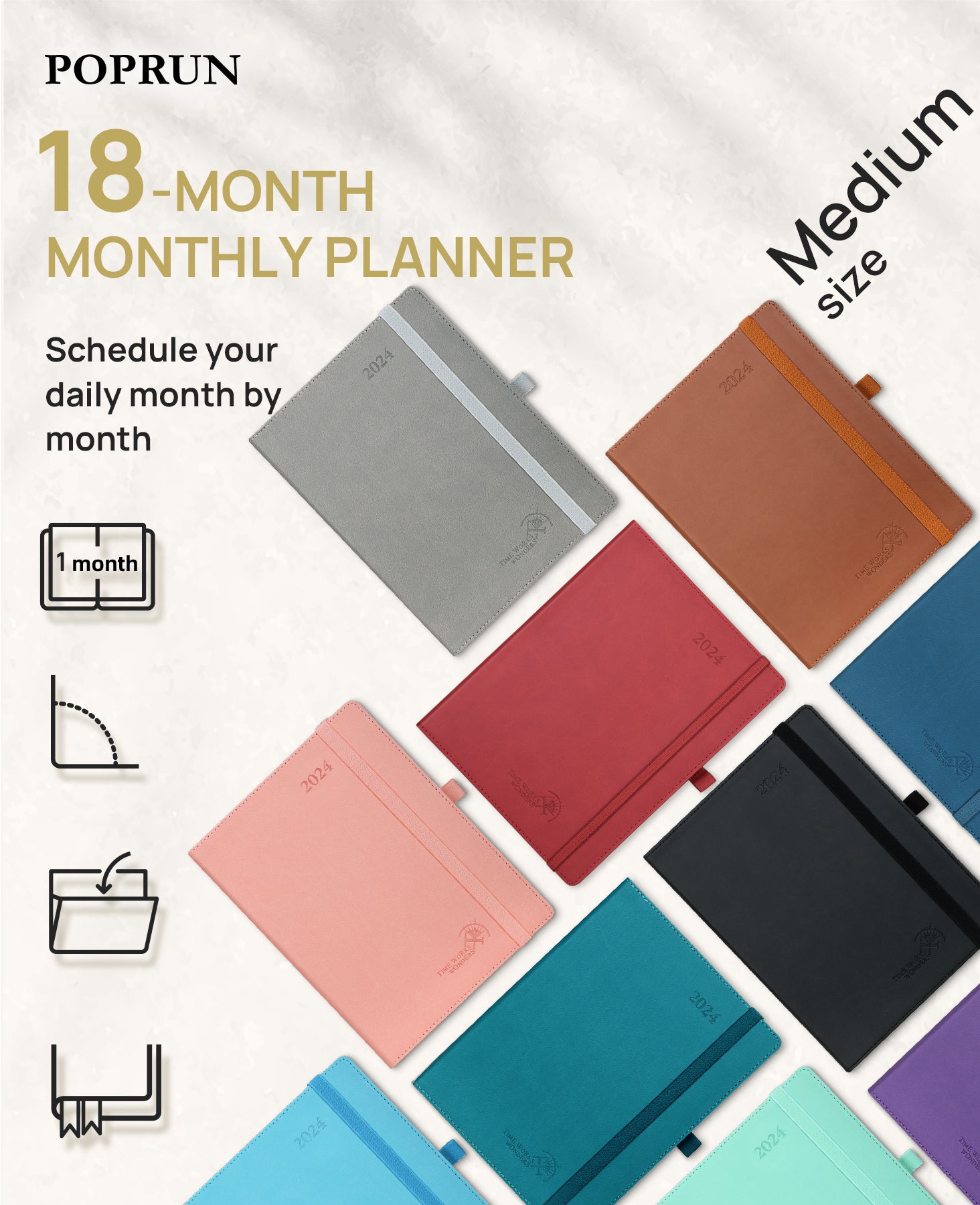 POPRUN Monthly Planner 2024-2025 (6.5'' x 8.5'') 18-Month Calendar Book  (January 2024-June 2025) Soft Cover, Calendar Planner with Monthly Tabs 